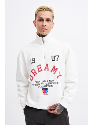 Erkek High Neck Printed Ekru Sweatshirt