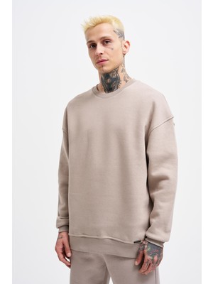 Erkek Basic Bisiklet Yaka Oversize Açık Gri Sweatshirt