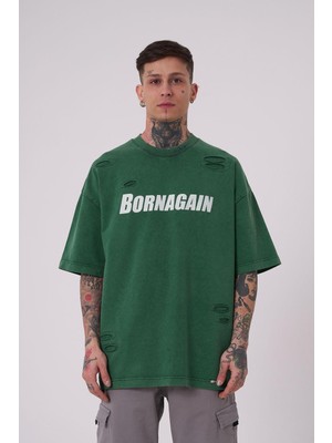 Erkek Born Again Baskılı Yıkamalı Petrol Yeşili Tişört