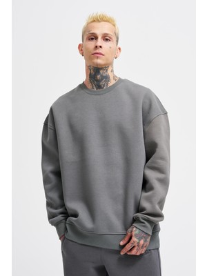 Erkek Basic Bisiklet Yaka Oversize Duman Sweatshirt