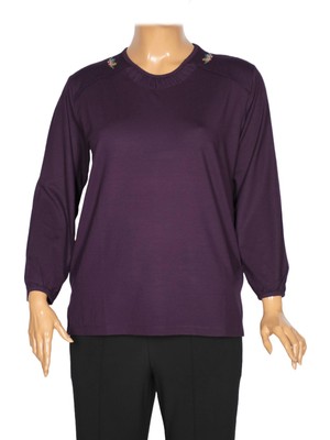 Cimariva Kadın Meyra Büyük Beden O Yaka Nakışlı Mürdüm Bluz