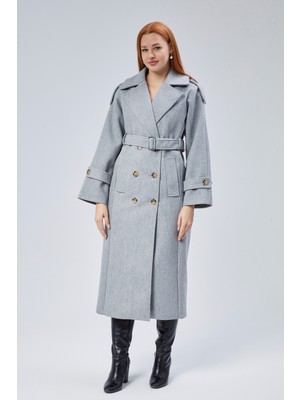 Bolivente Gri Regular Apolet Detaylı Kruvaze Kaşe Kaban