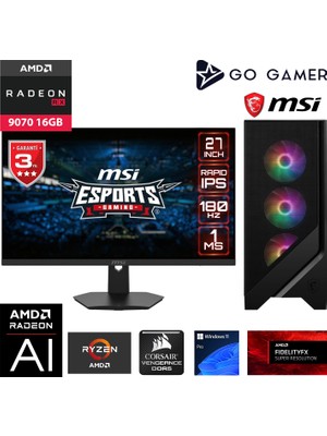 Go Gamer GA1098D AMD Ryzen 7 8700F / 64GB DDR5 5200MHz / 1TB NVMe m.2 SSD / RX 9070 16GB / 240mm Sıvı Soğutma / MSI 27" 180Hz. / AMD Gaming Paket