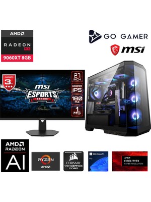 Go Gamer GA1967DP AMD Ryzen 9 9900X / 32GB DDR5 5600MHz / 2TB NVMe m.2 SSD / RX 9060XT 8GB / 240mm Sıvı Soğutma / MSI 27" 180Hz. / AMD Gaming Paket