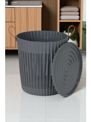 Ironika Kapaklı Banyo Çamaşır Kirli Sepeti Deri Desen Kulplu Lüx Banyo Mutfak Organizeri Düzenleyici Antrasit