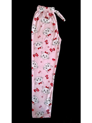 Pijama Alt Pembe Kumaş Üzerine Kurdaleli Sevimli Kedicik Desenli BK1000019
