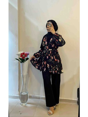 Siyah Krep Çiçekli Kimono