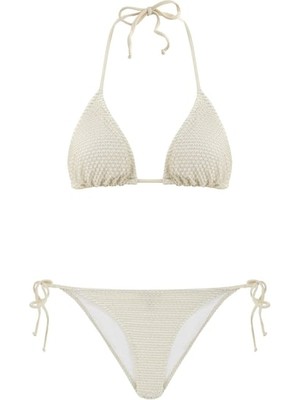 Ekru Dokulu Simli Büzgülü Üçgen Bikini Takım