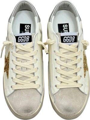Women's Golden Goose Super-Star With Gold Glitter Star And Ice-Gray Suede Inserts - Kadın Ayakkabı