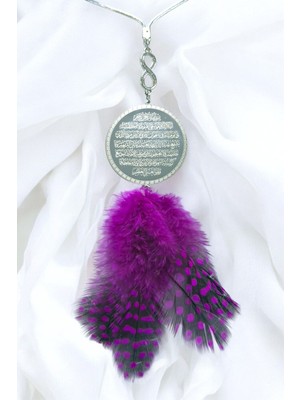 Fuşya Kuş Tüyü Çelik Çift Yön Ayetel Kürsi Felak Nas Ihlas Dikiz Ayna Süsü Plaka 4,5 cm