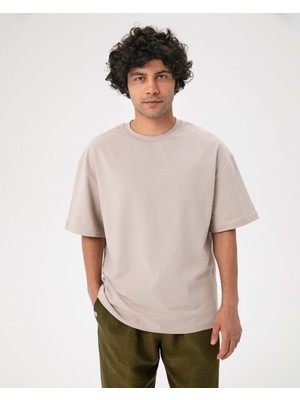 Ayma Active Erkek Açık Gri  Oversize T-Shirt - Organik Pamuk, Düşük Omuz, Geniş Kalıp, Bisiklet Yaka, Spor Görünüm