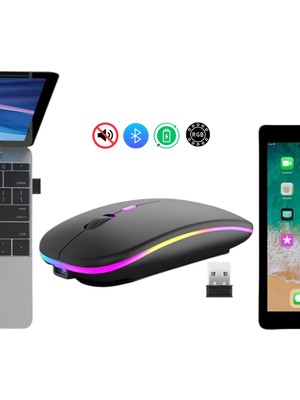Multizone Sessiz Kablosuz Şarjlı Bluetooth Mouse Optik LED Işıklı Pc Laptop Uyumlu Ergonomik Renkli