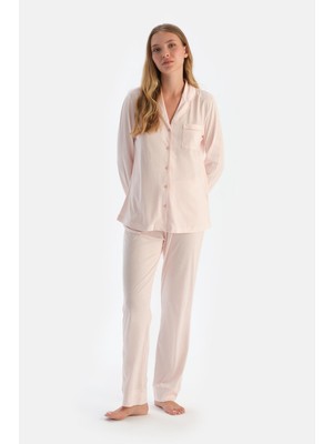 Açık Pembe Çizgili Penye Modal Pijama Takımı