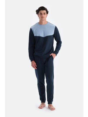 Indigo Melanj Bisiklet Yaka Uzun Kollu Jogger Pantolonlu Pijama Takımı