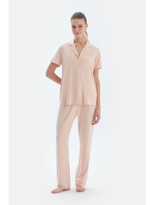 Sütlü Kahve Kısa Kollu Basıc Gömlek Pantolon Pijama Takımı