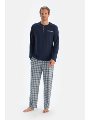 Indigo Patlı Fleto Cepli Ekose Pantolonlu Pijama Takımı