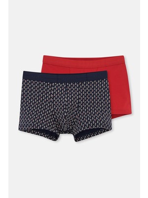 Kırmızı-Lacivert 2'li Desenli Pamuk Boxer