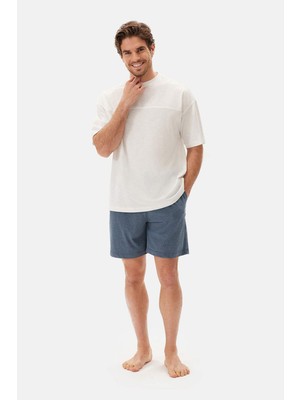 Ekru Bıs Yaka Flamlı Tişört Şort Pijama Takımı