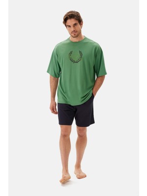 Yeşil Bis Yaka Baskılı Kısa Kollu Şort Pijama Takımı