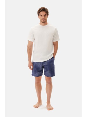 Lacivert Çizgili Dokuma Şort