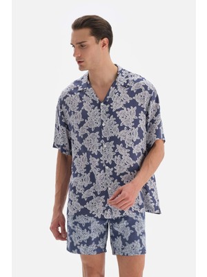 Indigo Caretta Desenli Viskon Gömlek