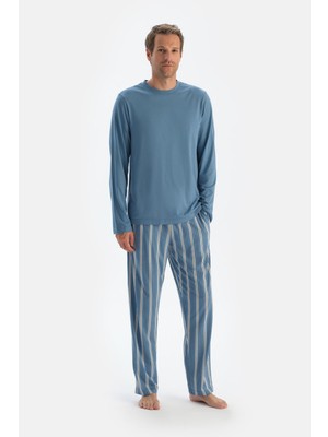 Mavi Bisiklet Yaka Uzun Kollu Tişört Pantolon Pijama Takımıı