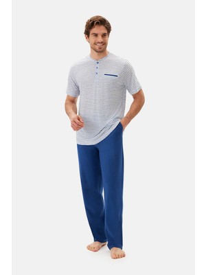 Mavi Yarım Patlı Kısa Kollu Pijama Takımı
