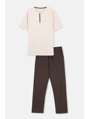 Bej Yarım Patlı Kısa Kollu Pamuklu Pijama Takımı