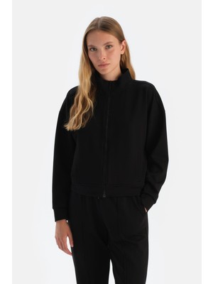 Siyah Dik Yaka Fermuarlı Modal Sweatshirt