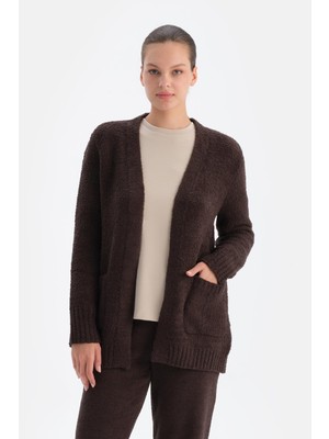 Koyu Kahve Şönil Uzun Hırka