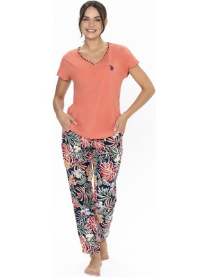 U.S. Polo Assn. U.s Polo Assn. 20026 Kadın Kısa Kollu V Yaka Pijama Takımı-Mercan