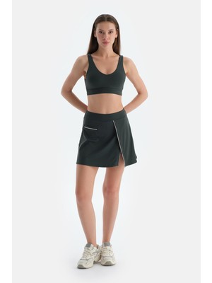 Dagi Kadın Koyu Yeşil Yırtmaç Detaylı Şort Etek Hafif Kumaş Günlük Kullanım İçin