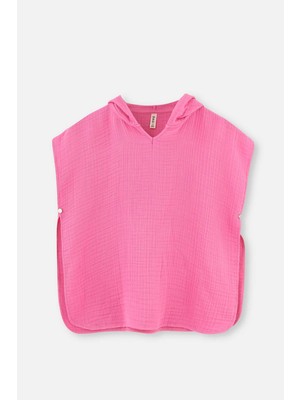 Pembe Kız Çocuk Müslin Kapüşonlu Panço