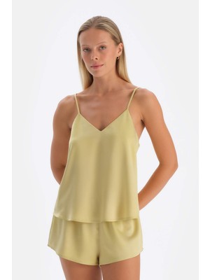 Yağ Yeşili Saten Atlet Pijama Üstü