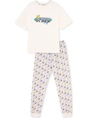 Ekru Kısa Kollu Slogan Baskılı Penye Modal Pijama Takımı