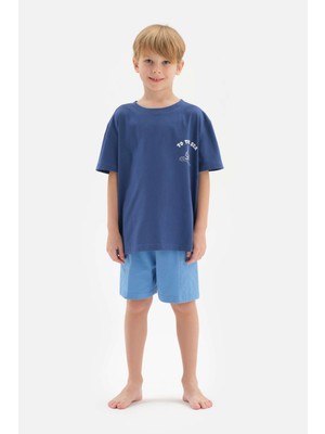 Mavi Slogan Detaylı Bisiklet Yaka Kısa Kollu Tişört Şort Pijama Takımı