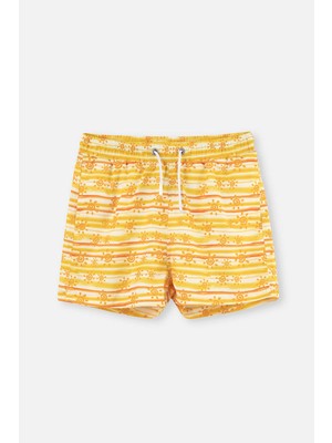 Ekru Sarı Erkek Çocuk Güneş Baskılı Deniz Şortu