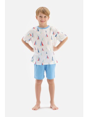 Beyaz Yelkenli Baskılı Bisiklet Yaka Tişört Şort Pijama Takımı