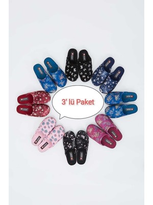 Moda Devrin Kadın Kışlık Ev Terliği 3'lü Paket Pu Deri ve Poli Taban Konfor Seti