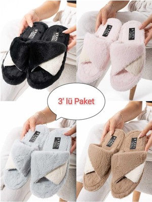 3'lü Paket Kışlık Dikişli Taban Çinçila Peluş Kumaş Burgu Terlik Ev Terliği Çeyiz Bohça Seti