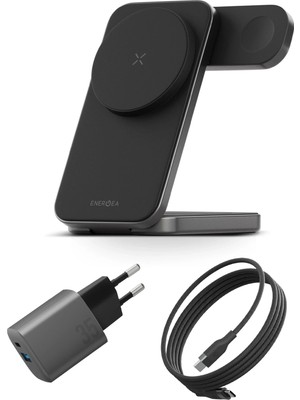 Energea Essential Kit Gan 35W Adaptör 3in1 Kablosuz Şarj Standı ve 100W Type-C To Type-C Manyetik Kablolu Seyahat Set
