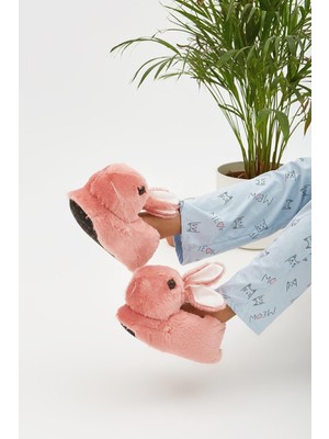 Pudra Hayvanlı Sessiz Taban Panduf Tavşan Figürlü Peluş Ev Ayakkabısı (GÖZ VİDEO Kİ GİBİ NAKIŞTIR)