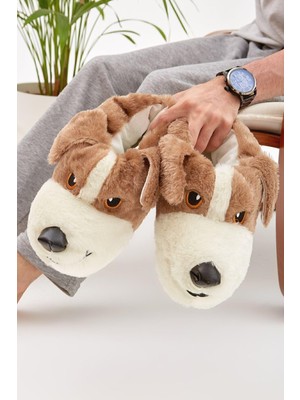 Moda Devrin Mdes Taba Sevimli Köpek Figürlü Peluş Kadın Panduf 36-38 Numaralı Sessiz Taban Ev Ayakkabısı