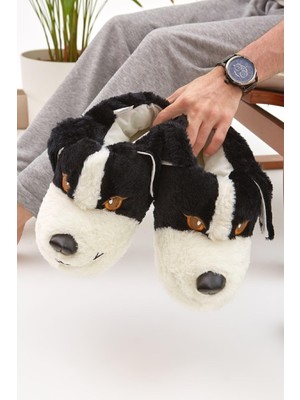 Moda Devrin Kadın Peluş Panduf Sessiz Tabanlı Siyah Köpek Desenli 150 gr Ev Ayakkabısı