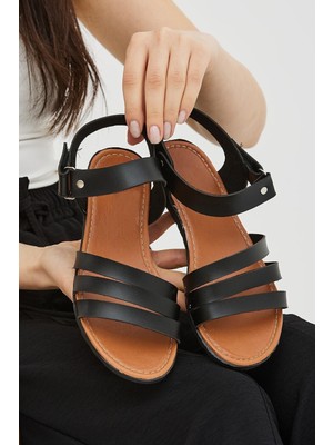 Siyah Düz Ayarlanabilir Cırtlı Sandalet