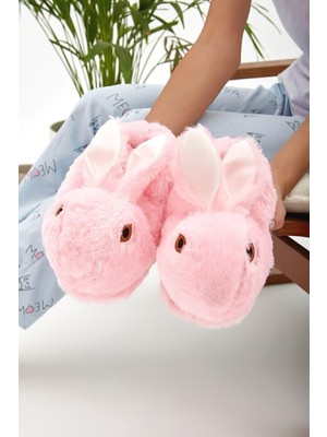 Pembe Hayvanlı Sessiz Taban Panduf Tavşan Figürlü Peluş Ev Ayakkabısı (GÖZ VİDEO Kİ GİBİ NAKIŞTIR)