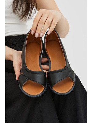 Moda Devrin Siyah Önü Açık Kadın Sandalet Yazlık Ayakkabı Babet