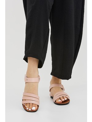 Pudra Düz Ayarlanabilir Cırtlı Sandalet