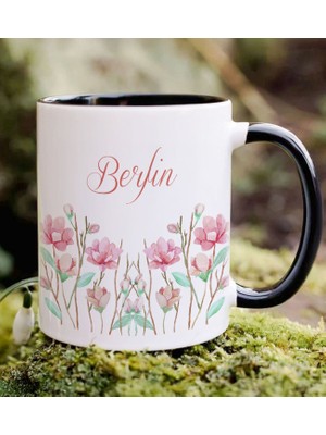 Bk Gift Kişiye Özel Isimli Çiçek Tasarımlı Siyah Kupa Bardak- 15, Arkadaşa Hediye, Sevgiliye Hediye, Doğum Günü Hediyesi