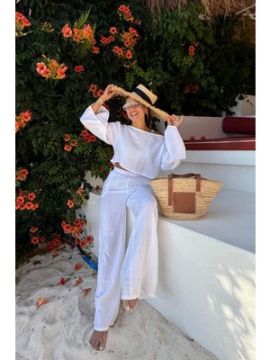 Beyaz Müslin Crop Pantolon Takım